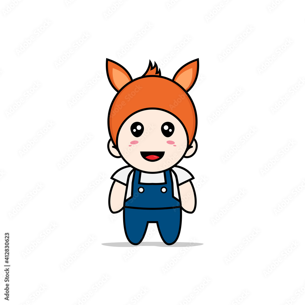 Cute mechanic character wearing fox costume. Cute mechanic character wearing fox costume.