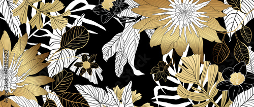 Luxury golden lotus background vector. Floral pattern with golden tropical flowers, split-leaf Philodendron plant ,monstera plant, Jungle plants line art on white background. 
