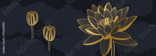 Luxury lotus background vector. Golden lotus line arts design for wall arts, fabric, prints and background texture, Vector illustration.