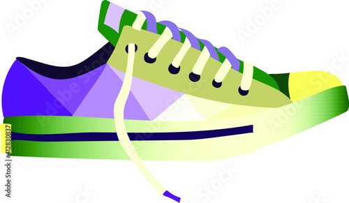 Multi-colored stylish sneaker in applique style, side view. Drawn vector image.
