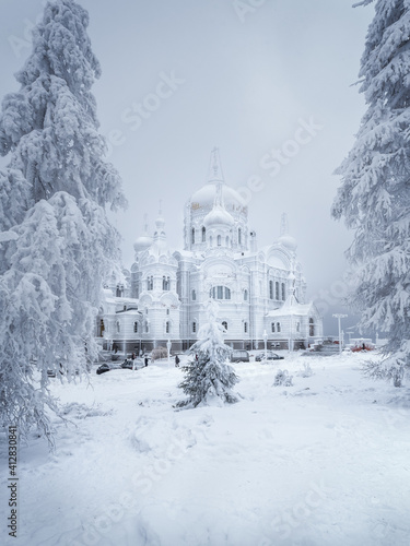 Belogorsk Monastery covered with frost. Belogorye, Perm Territory photo