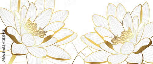 Luxury lotus background vector. Golden lotus line arts design for wall arts, fabric, prints and background texture, Vector illustration.