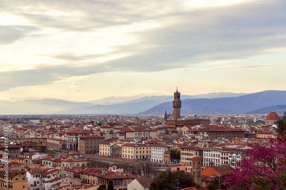 Beautiful landscape view of Florence and Palazzo Vecchio. Tuscany, Italy