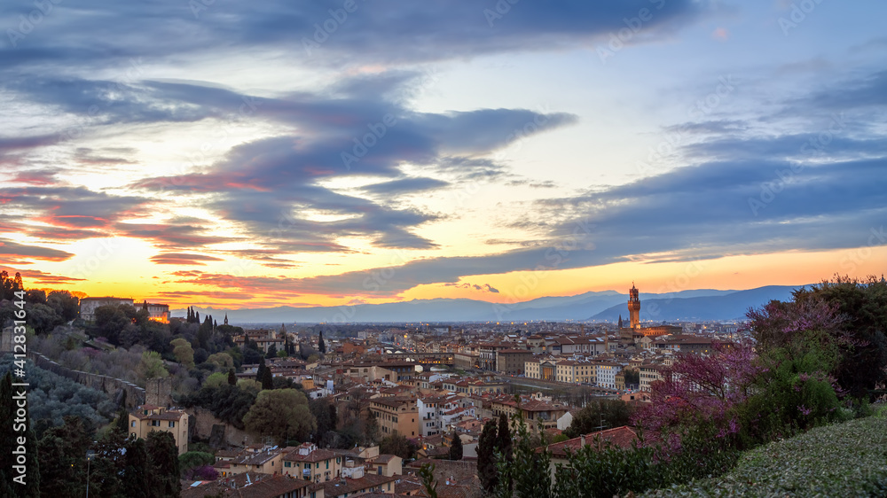 Florence's historic center with sights in the last rays of the setting sun. Tuscany, Italy