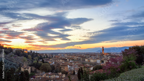 Florence's historic center with sights in the last rays of the setting sun. Tuscany, Italy
