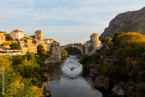 View of the historic Old Bridge in Mostar at sunset. Bosnia and Herzegovina