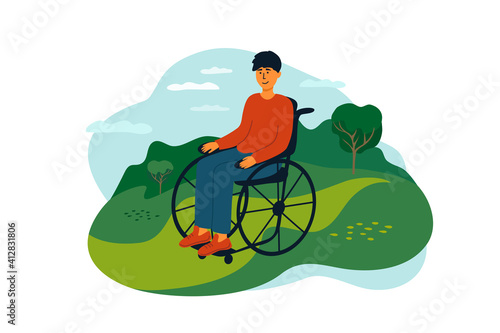 Young man sitting in wheelchair enjoying nature landscape. Handicapped person lifestyle. Smiling disabled guy in casual clothes. Outdoor leisure activity with physical disability. Vector illustration