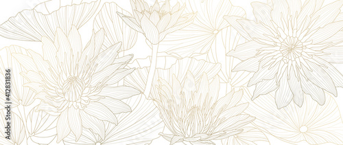 Luksusowy lotosowy tło wektor. Projekt złotej linii lotosu dla sztuk ściennych, tkanin, wydruków i tekstury tła, ilustracji wektorowych.