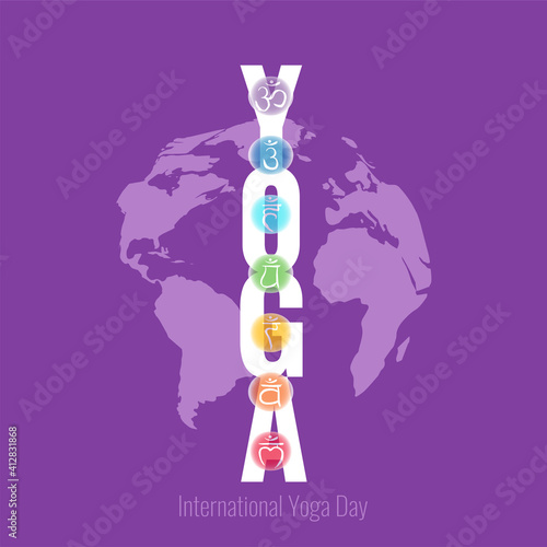 International Yoga Day celebrate 21 june. Greeting card, poster, banner, flyer, postcard concept design. Seven Chakra symbol on purple background. Vector illustration