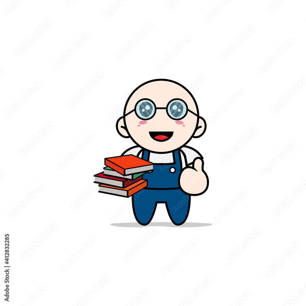 Cute mechanic character wearing librarian costume. Cute mechanic character wearing librarian costume.