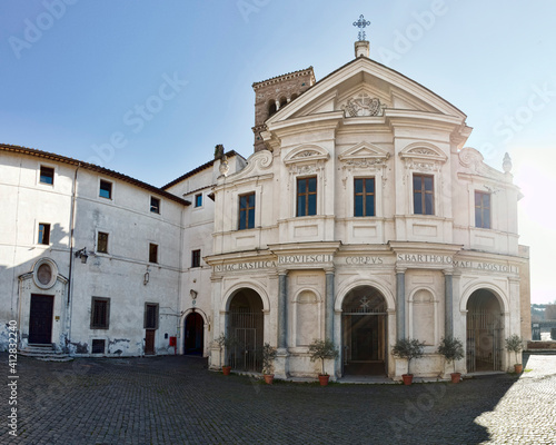 Beautiful facade of ancient Basilica of San Bartolomeo all'Isola located in Tiberina island in Rome and built in the year 1000 to contain the relics of St. Bartholomew the apostle