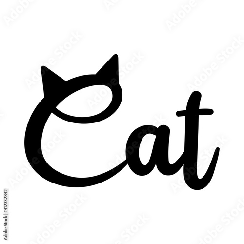 Logotipo con texto manuscrito Cat con orejas en la letra C hecho a mano en color negro