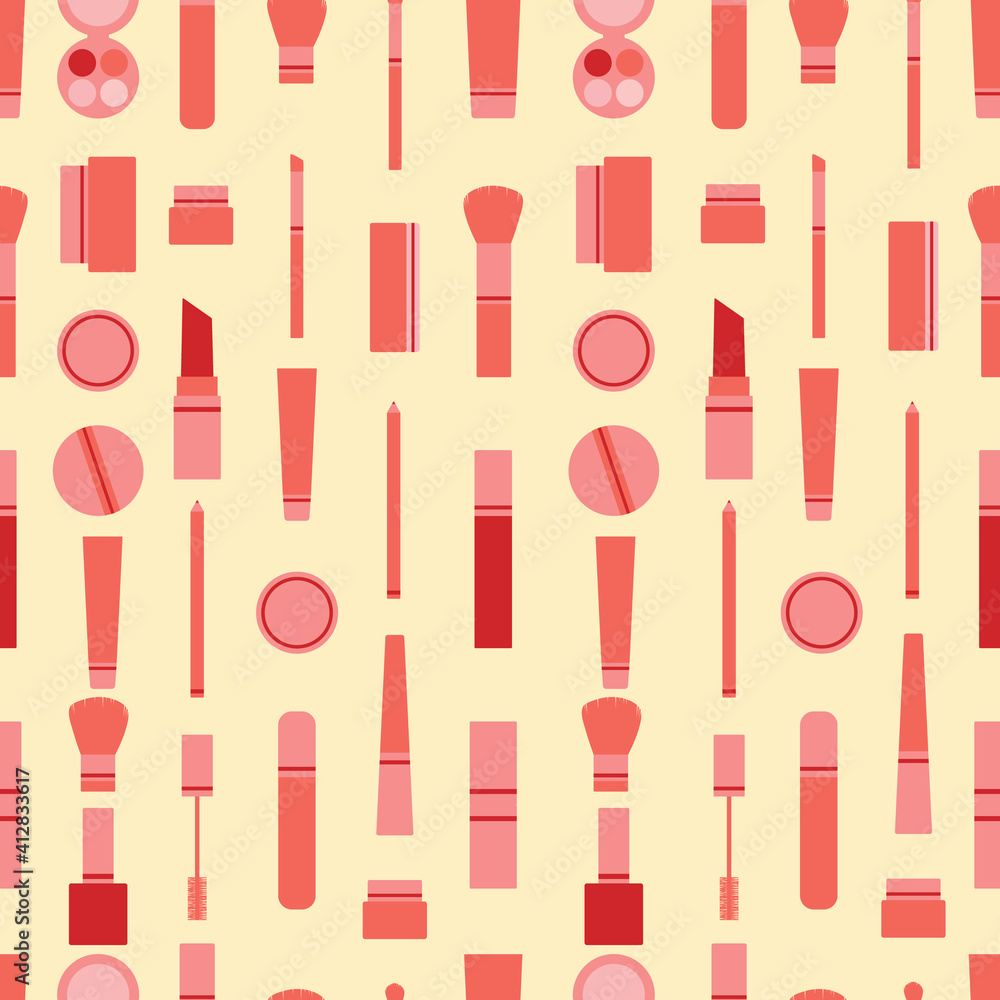 Vector seamless pattern full of makeup items aligned. Makeup with lipstick, mascara, shadows, pencils and brushes in pink and red colors Vector seamless pattern full of makeup items aligned. Makeup with lipstick, mascara, shadows, pencils and brushes in pink and red colors