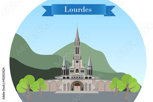 Lourdes, France. Detailed vector illustration with main landmark of the city - Rosary Basilica