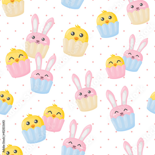 Cute easter seamless pattern with rabbit and little chicks cupcakes. 
