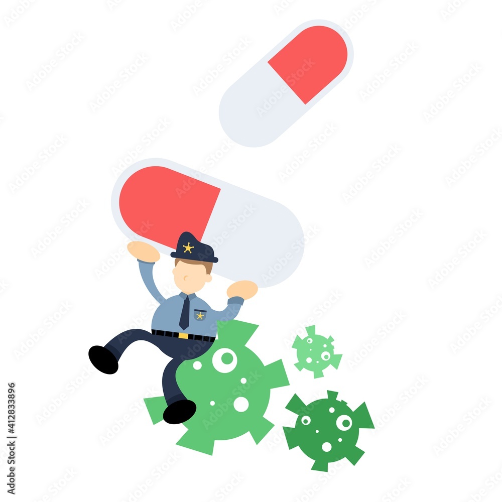 police officer cure medicine corona virus pathogen cartoon doodle flat design style vector illustration