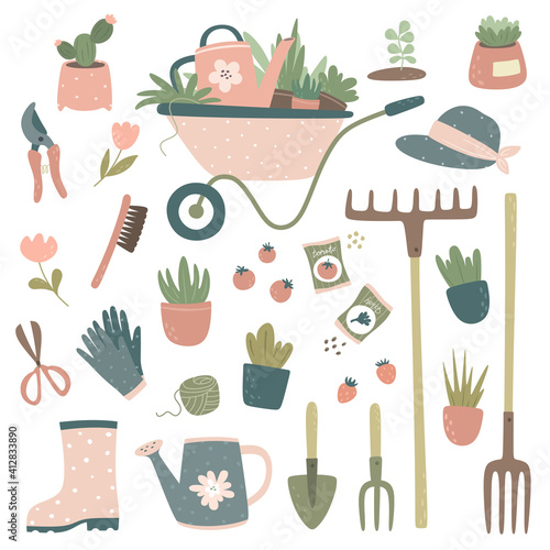 Collection of gardening tools and items: cart, watering can, pitchfork, rake, potted flowers, gardening gloves, pruner, scissors, seeds. Gardening design. Vector isolates.