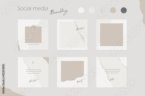 Instagram social media story post feed template, abstract layout mockup in nude colors with copy space. for beauty, cosmetics, make up fashion. torn rip paper texture background