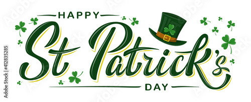 Vector Happy St Patrick's Day logotype. Hand sketched Irish celebration design with Leprechaun`s green hat and clover leaves isolated on white background. For greeting card, banner, flyer, poster
