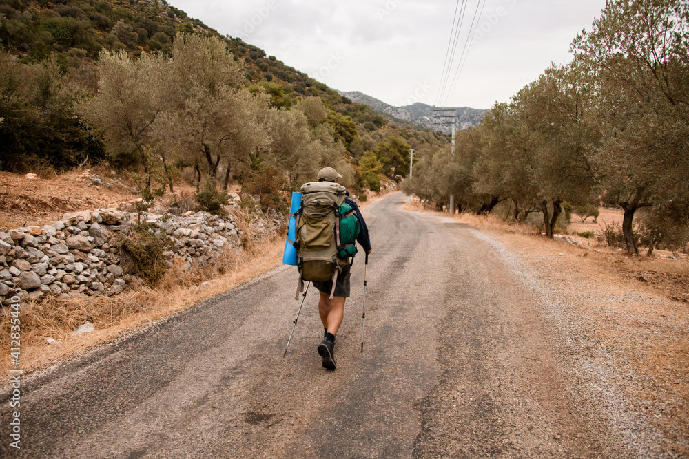 rear view of man with backpack and hiking sticks walking along the road rear view of man with backpack and hiking sticks walking along the road