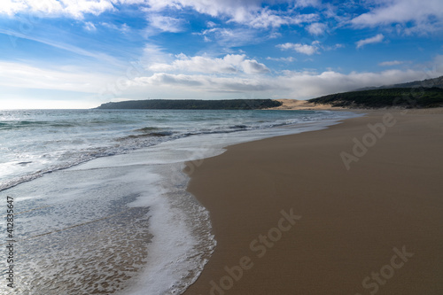 peaceful empty golden sand beach with waves rolling in and pine forest and a large sand dune in the background photo