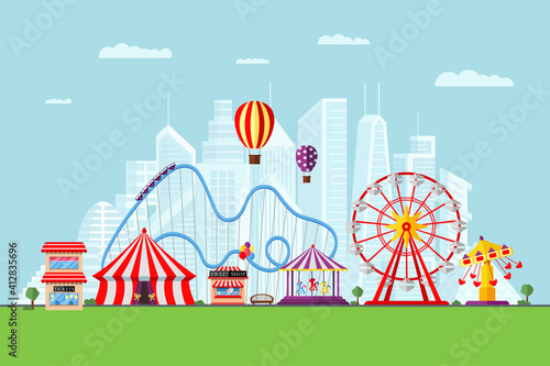 Amusement park with circus carousels roller coaster and attractions on modern city background. Fun fair and carnival theme landscape. Ferris wheel and merry-go-round festival vector eps illustration