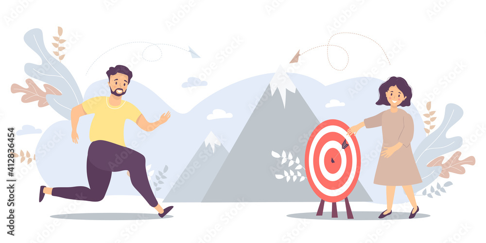 The guy runs to his goal, moves on motivation to the goal, on the way to the top of success. There is a girl standing there. Vector for task, goal, achievement, business, marketing concept, motivation The guy runs to his goal, moves on motivation to the goal, on the way to the top of success. There is a girl standing there. Vector for task, goal, achievement, business, marketing concept, motivation