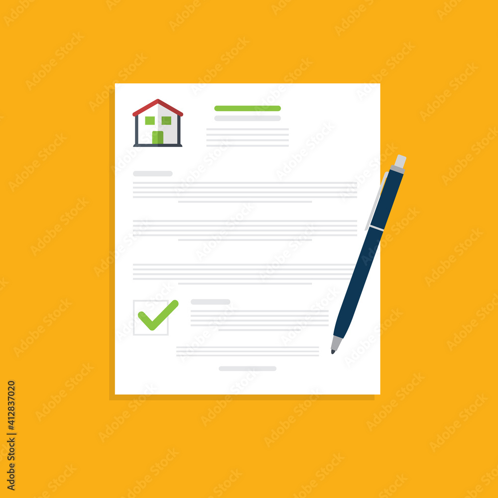 Home insurance document. Legal agreement. Contract or mortgage form with financial checklist. Approved loan. Success real estate deal. Vector Home insurance document. Legal agreement. Contract or mortgage form with financial checklist. Approved loan. Success real estate deal. Vector