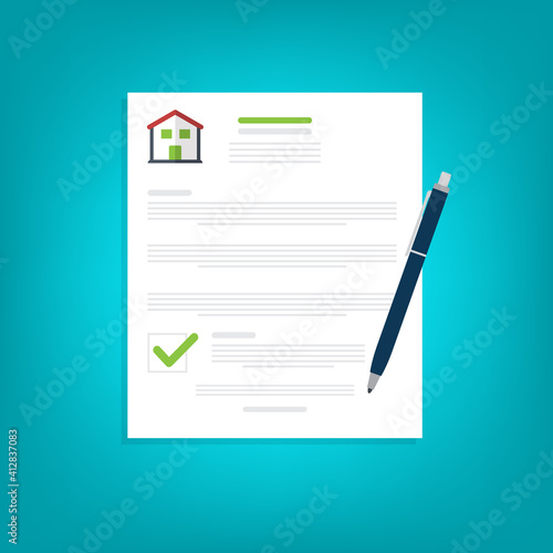 Home insurance document. Legal agreement. Contract or mortgage form with financial checklist. Approved loan. Success real estate deal. Vector