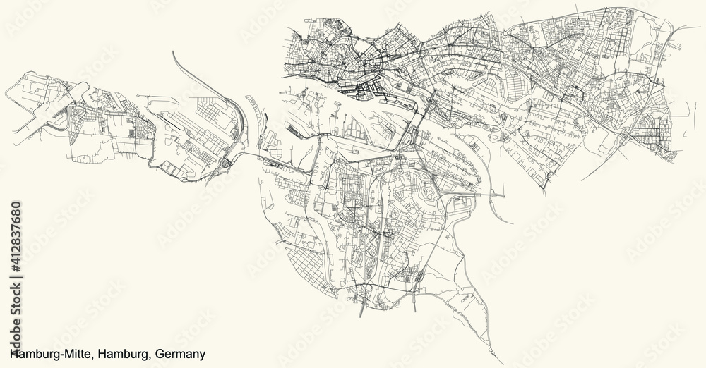 Black simple detailed street roads map on vintage beige background of the neighbourhood Hamburg-Mitte borough (bezirk) of the Free and Hanseatic City of Hamburg, Germany