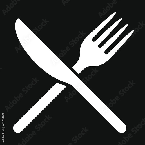 Fork and knife crossed icon logo. Flat shape restaurant or cafe place sign. Utensil across. Kitchen and diner menu button symbol. Vector silhouette illustration image.