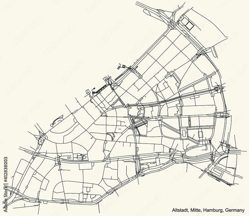 Fototapeta premium Black simple detailed street roads map on vintage beige background of the neighbourhood Hamburg-Altstadt quarter of the Hamburg-Mitte borough (bezirk) of the Free and Hanseatic City of Hamburg, German