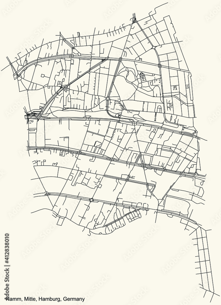 Black simple detailed street roads map on vintage beige background of the neighbourhood Hamm quarter of the Hamburg-Mitte borough (bezirk) of the Free and Hanseatic City of Hamburg, Germany