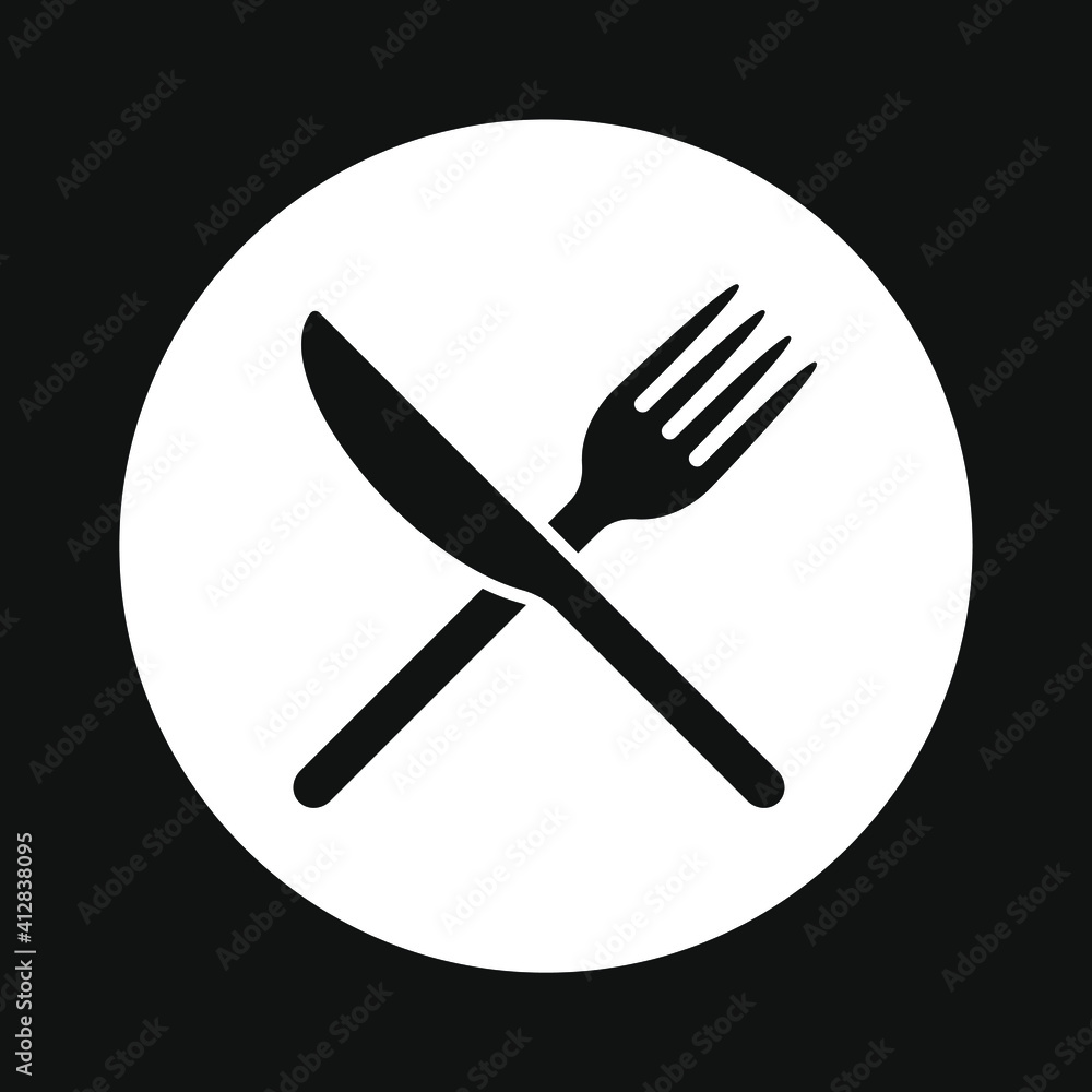 Fork and knife crossed icon logo. Flat shape restaurant or cafe place sign. Utensil across. Kitchen and diner menu button symbol. Vector silhouette illustration image. Fork and knife crossed icon logo. Flat shape restaurant or cafe place sign. Utensil across. Kitchen and diner menu button symbol. Vector silhouette illustration image.