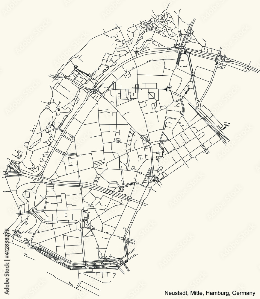 Black simple detailed street roads map on vintage beige background of the neighbourhood Neustadt quarter of the Hamburg-Mitte borough (bezirk) of the Free and Hanseatic City of Hamburg, Germany