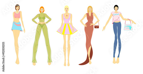 Vector fashion illustrations of group of model women, wearing trendy clothes.