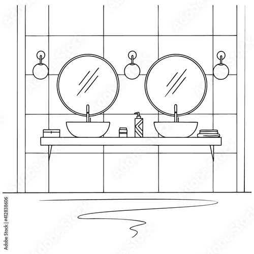 Bathroom sketch. Two washbasins, two round mirrors and other design elements. Vector