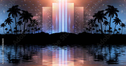 Night landscape with palm trees, against the backdrop of a neon sunset, stars. Silhouette coconut palm trees on beach at sunset. Space futuristic neon landscape. Beach party. 3D illustration.