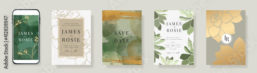 Luxury green Social Media Wedding invite frame templates. Vector background. Mockup for social media banner. mobile Floral golden collage layout design.
