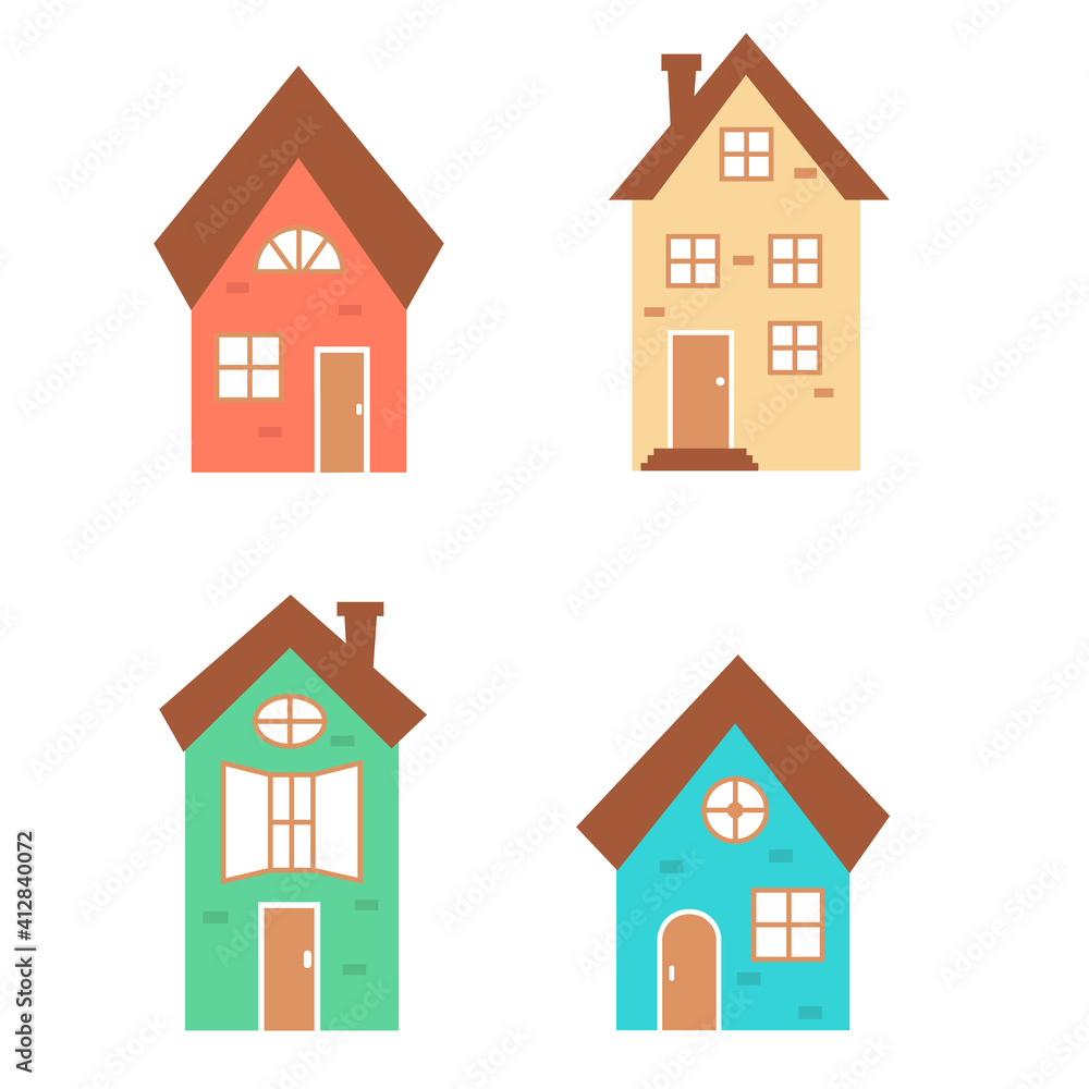 Set of cute colored houses. Vector illustration on isolated white background.