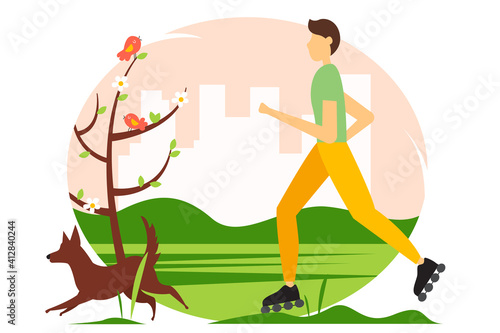 Man riding on roller skates with the dog in the park. Spring vector illustration in flat style. 