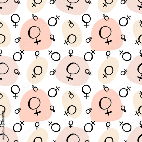 Seamless pattern with doodle style black ink planet venus sign and geometric shapes in pink neutral colors. On white background. Stock vector illustration.