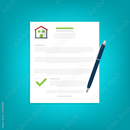 Home insurance document. Legal agreement. Contract or mortgage form with financial checklist. Approved loan. Success real estate deal. 