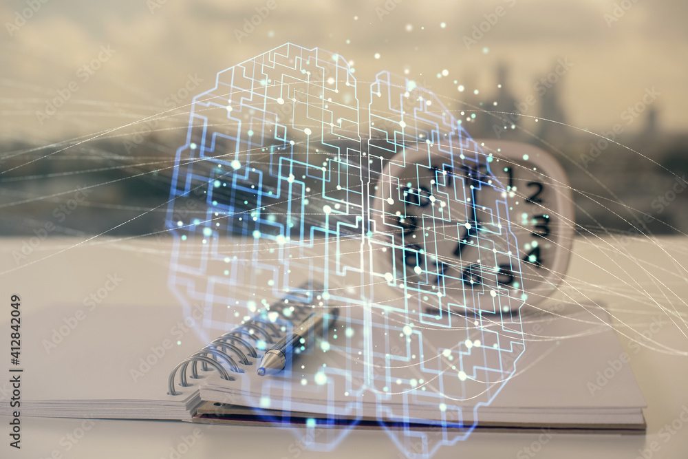 Multi exposure of brain drawings and desk with open notebook background. Concept of AI Multi exposure of brain drawings and desk with open notebook background. Concept of AI