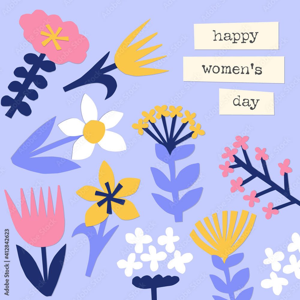 Happy Women's Day greeting card. Cute paper crafted abstract flowers in colorful spring poster. Floral banner for 8 March mother's holiday or party invitation template design.