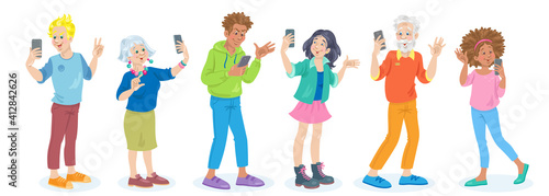 People of different ages and nationalities walk around with smartphones in their hands. They take selfies, talk, use the Internet. In cartoon style. Isolated on white. Vector flat illustration