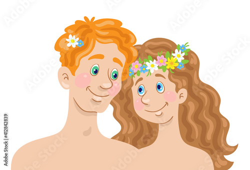 Portrait of a young beautiful couple. Man and woman in a wreath of flowers. In cartoon style. Isolated on white background. Vector flat illustration