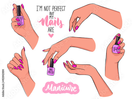 Vector Beautiful female hands holds nail polish bottle. Manicure illustrations isolated on white. Pink nails. Design for beauty salon