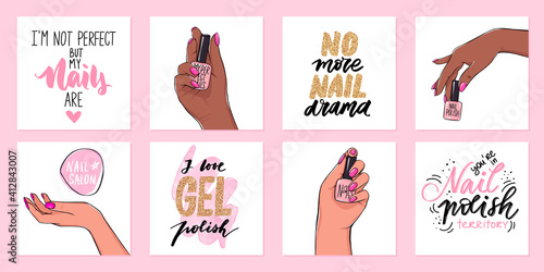Nails quotes, female hands with light and dark skin tones. Manicure posters or logo for beauty salon or studio. Vector phrases about nail art, gel polish.
