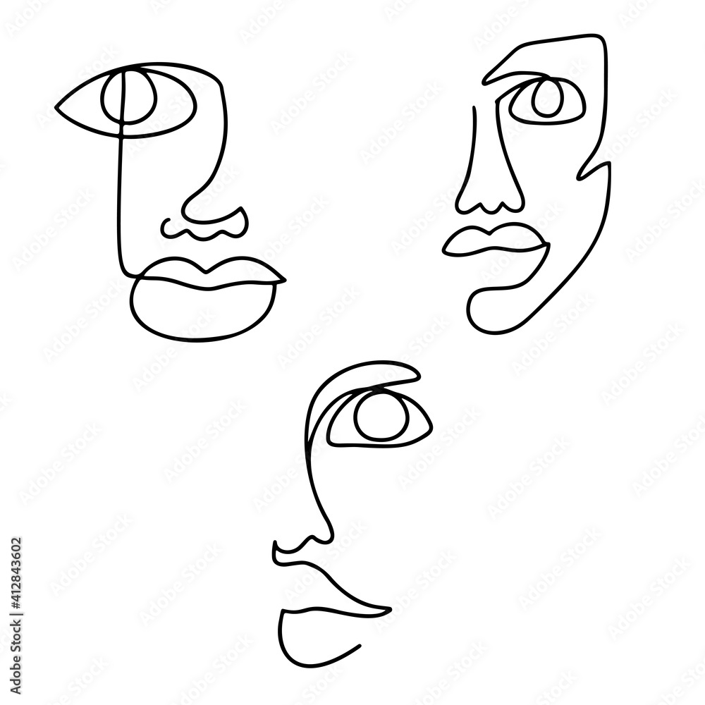 Continuous line drawing set. Abstract woman portrait. One line face art ...